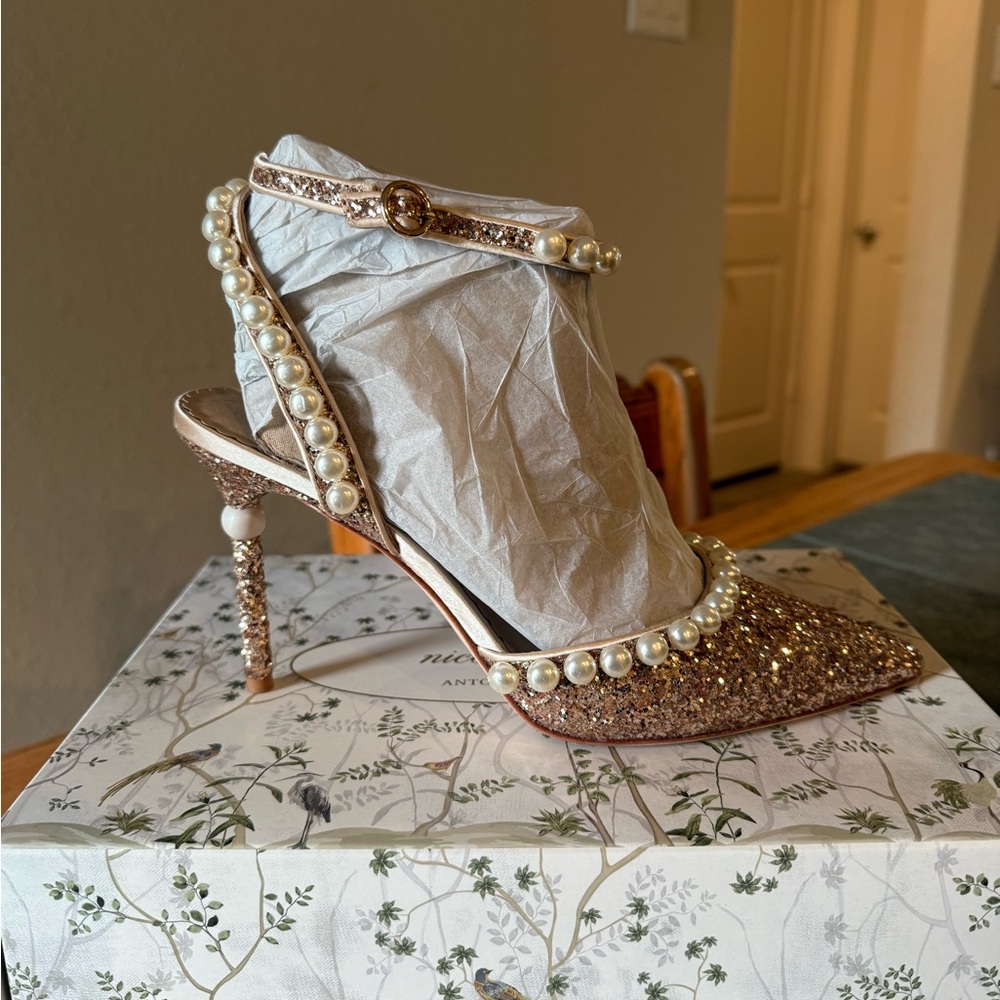 Rose Gold Nicola Bathie x Antonio Melani Pearl-Embellished Glitter Heels - Picture 2 of 4